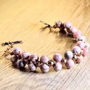 Ancient Incan Ancestral Peruvian Rhodochrosite Woven In Copper Artisan Bracelet